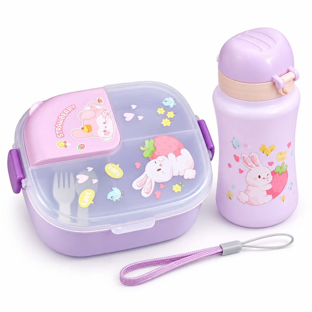 Set Lunch Box Compartimentée + Gourde 500 ml – Lapin Fraise Lilas