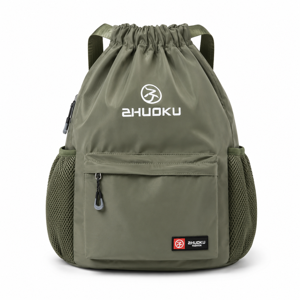 Sac à dos à cordon vert kaki 40 x 40 x 19 cm avec poche avant zippée et poches latérales – Kidoo