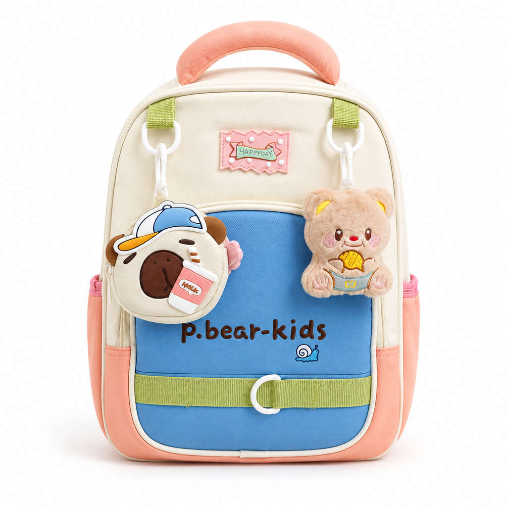 Sac à Dos Maternelle & CP P.Bear Kids Bleu, Rose & Vert – 38 × 28 × 15 cm – 2 à 5 Ans