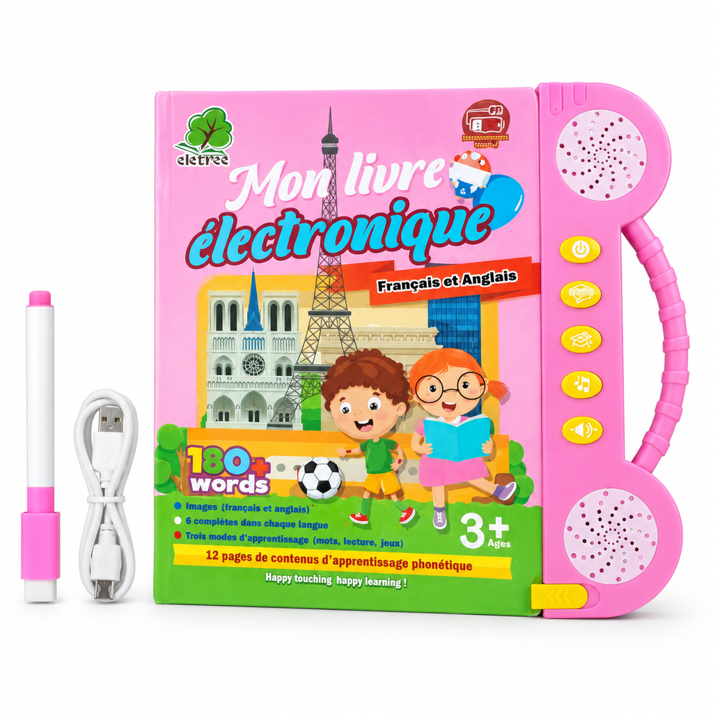Livre Éducatif Électronique Bilingue Français–Anglais – 180+ Mots – Rose – Dès 3 Ans - Rechargeable