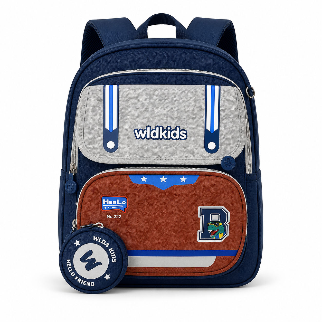 Sac à Dos Scolaire Wldkids - Classes de CE1 & CE2 – Bleu & Gris – Grande Capacité avec Trousse Ronde Amovible
