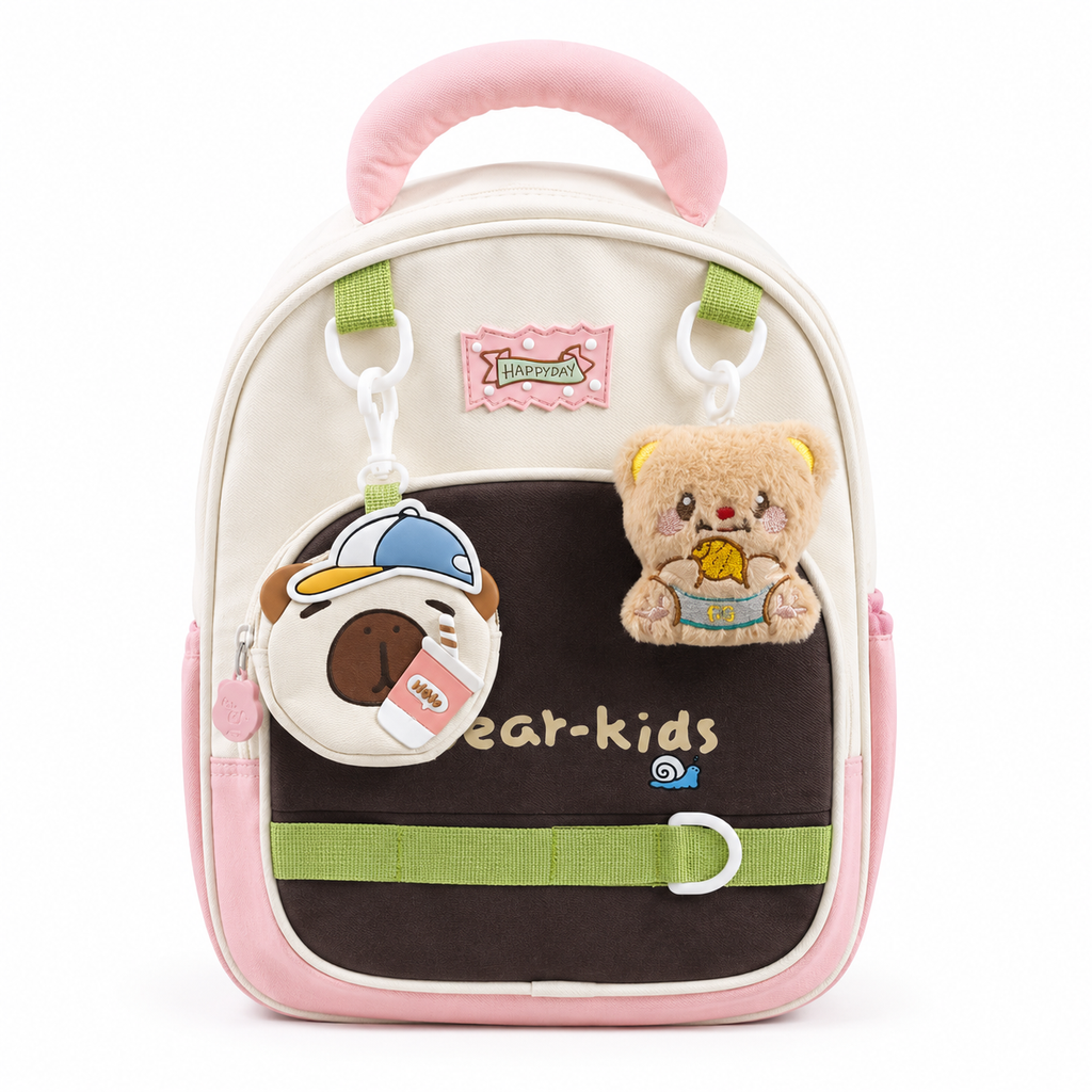 Sac à Dos Maternelle & CP P.Bear Kids Beige, Rose & Vert – 38 × 28 × 15 cm – 2 à 5 Ans