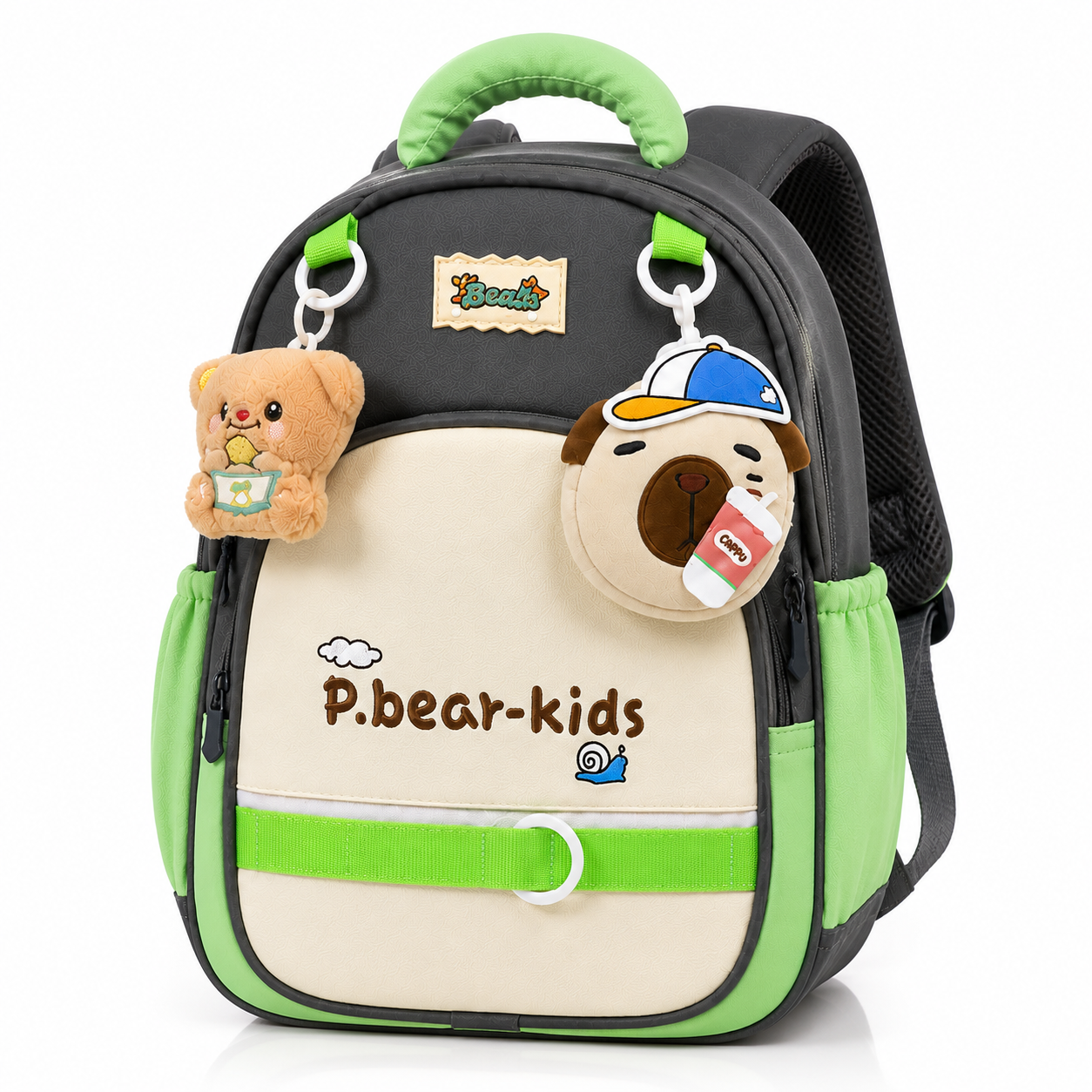 Sac à dos maternelle Bear Kids gris foncé beige et vert avec décorations ours pour enfant de 2 à 5 ans
