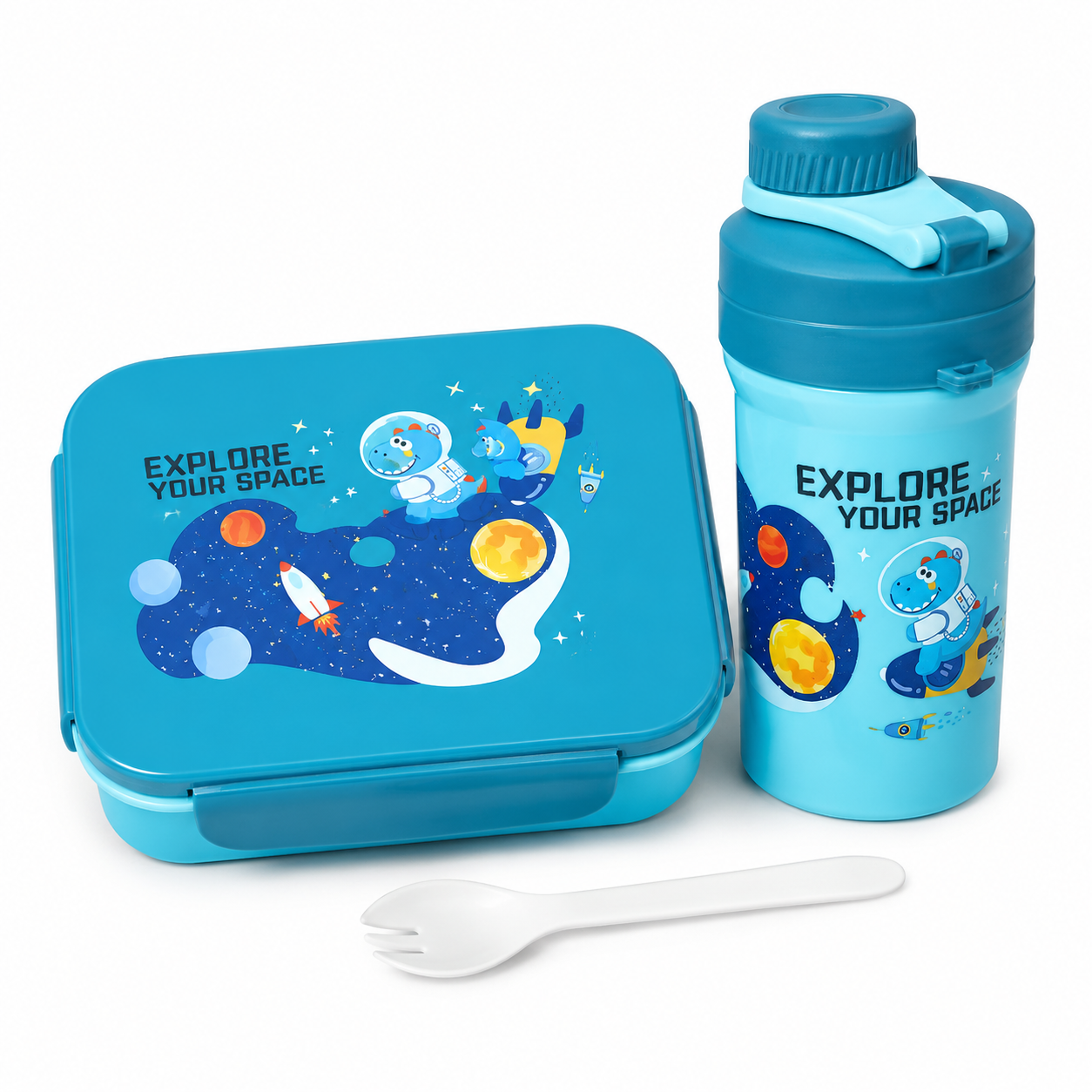 Set Lunch Box Compartimentée + Gourde Enfant Espace Bleu – 20 × 14 × 7 cm
