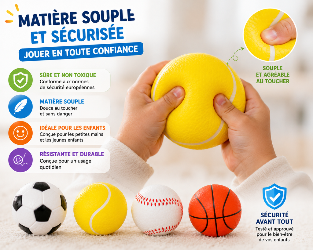 Lot de 4 Balles Souples Sportives pour Enfants – Football, Tennis, Baseball et Basketball