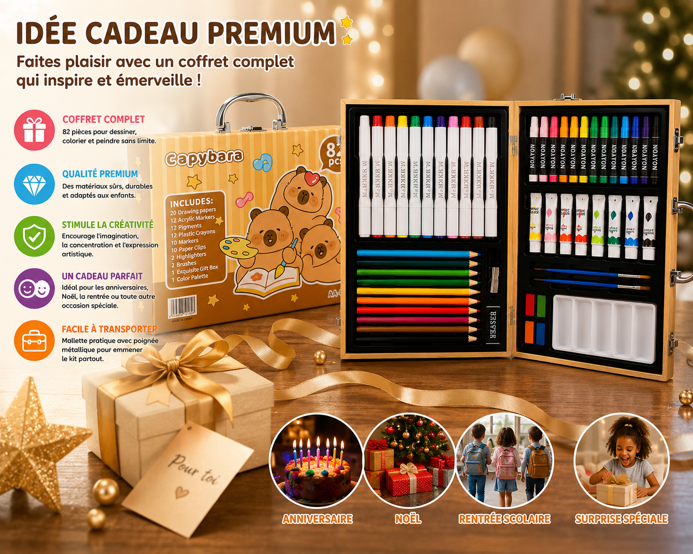 Kit de Dessin Enfant Capybara 82 Pièces – Coffret Créatif Complet pour Enfants