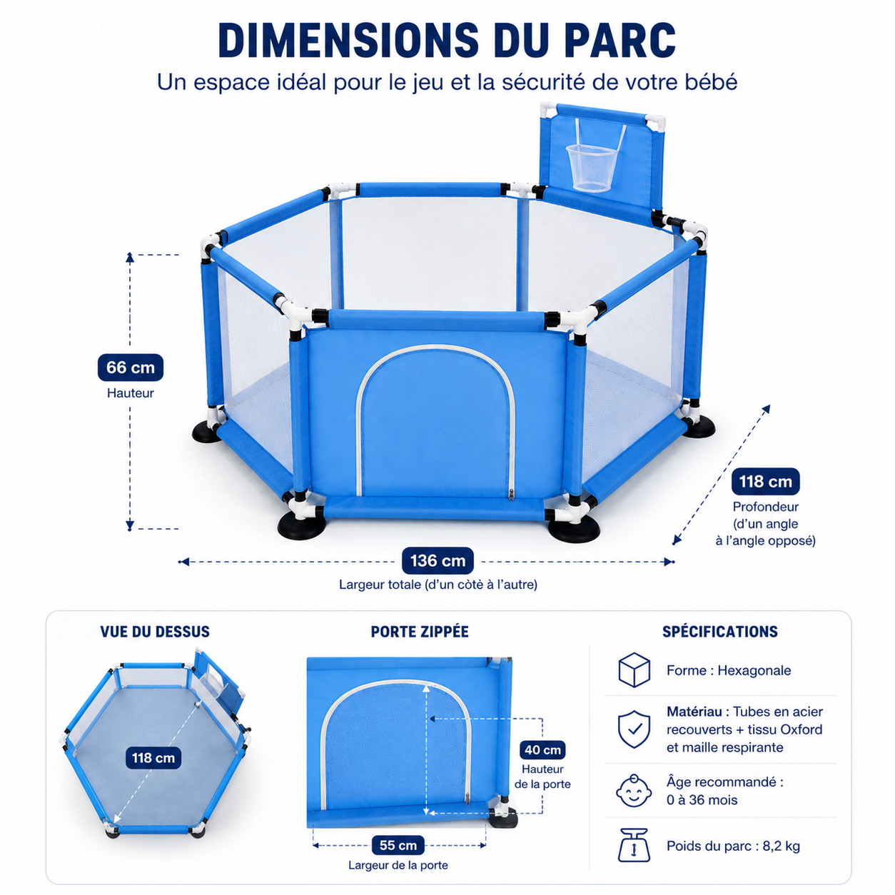 Parc Bébé Happy Game Fence – Aire de Jeu Sécurisée avec Filet Respirant & Panier de Basket