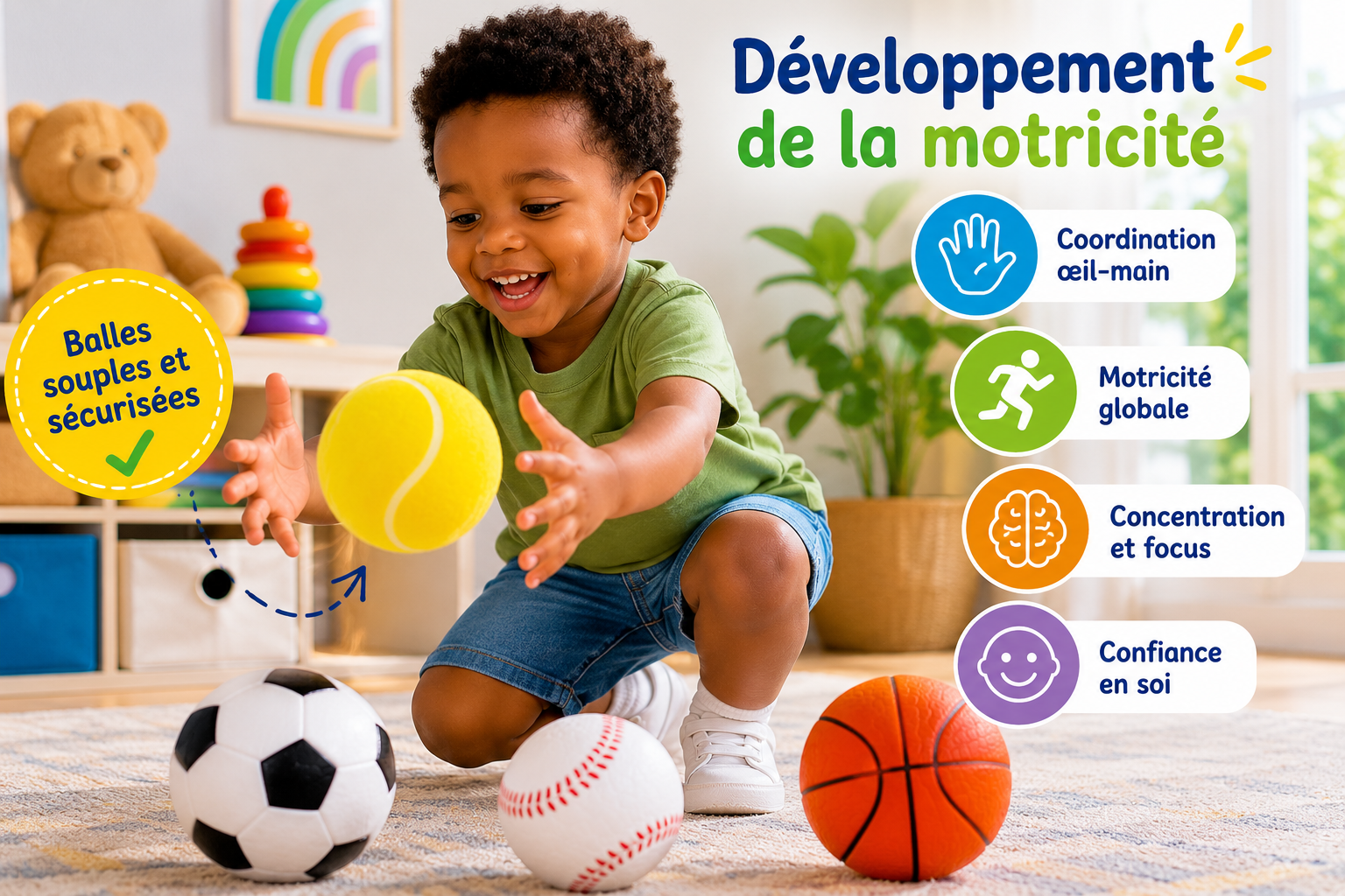 Lot de 4 Balles Souples Sportives pour Enfants – Football, Tennis, Baseball et Basketball