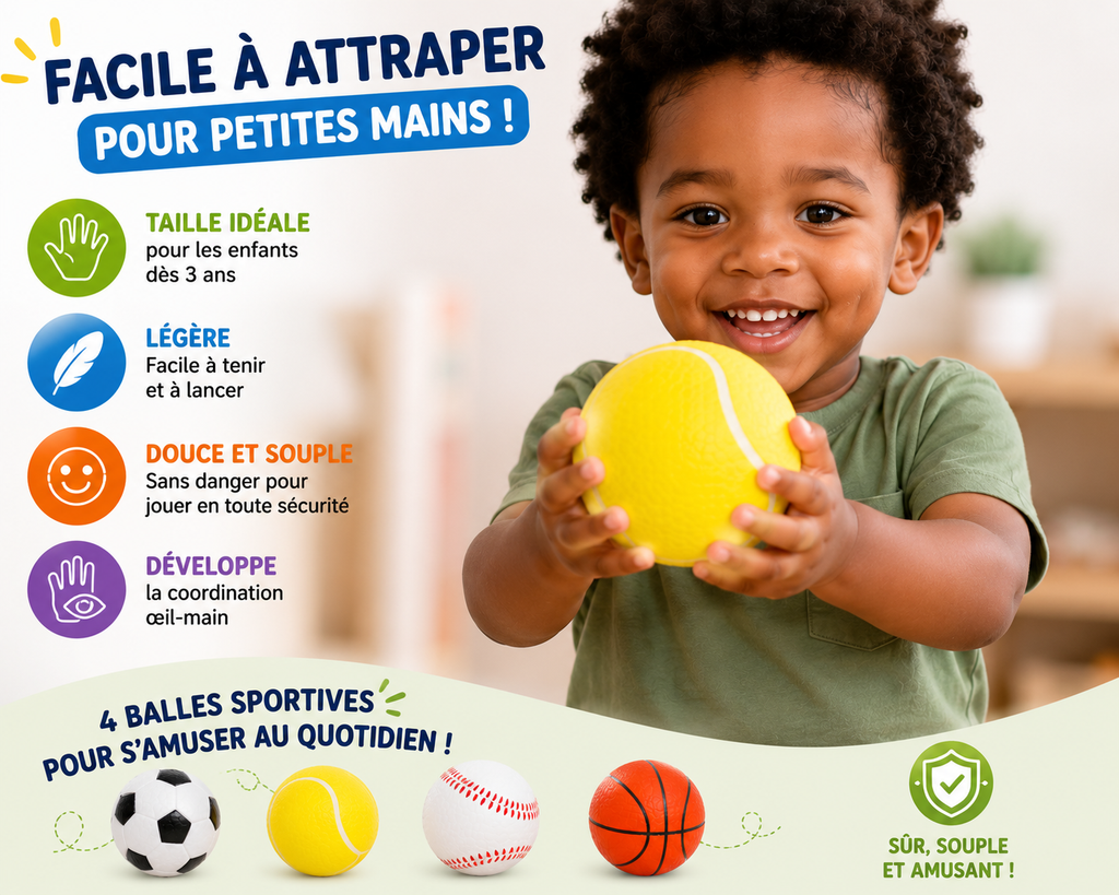 Lot de 4 Balles Souples Sportives pour Enfants – Football, Tennis, Baseball et Basketball