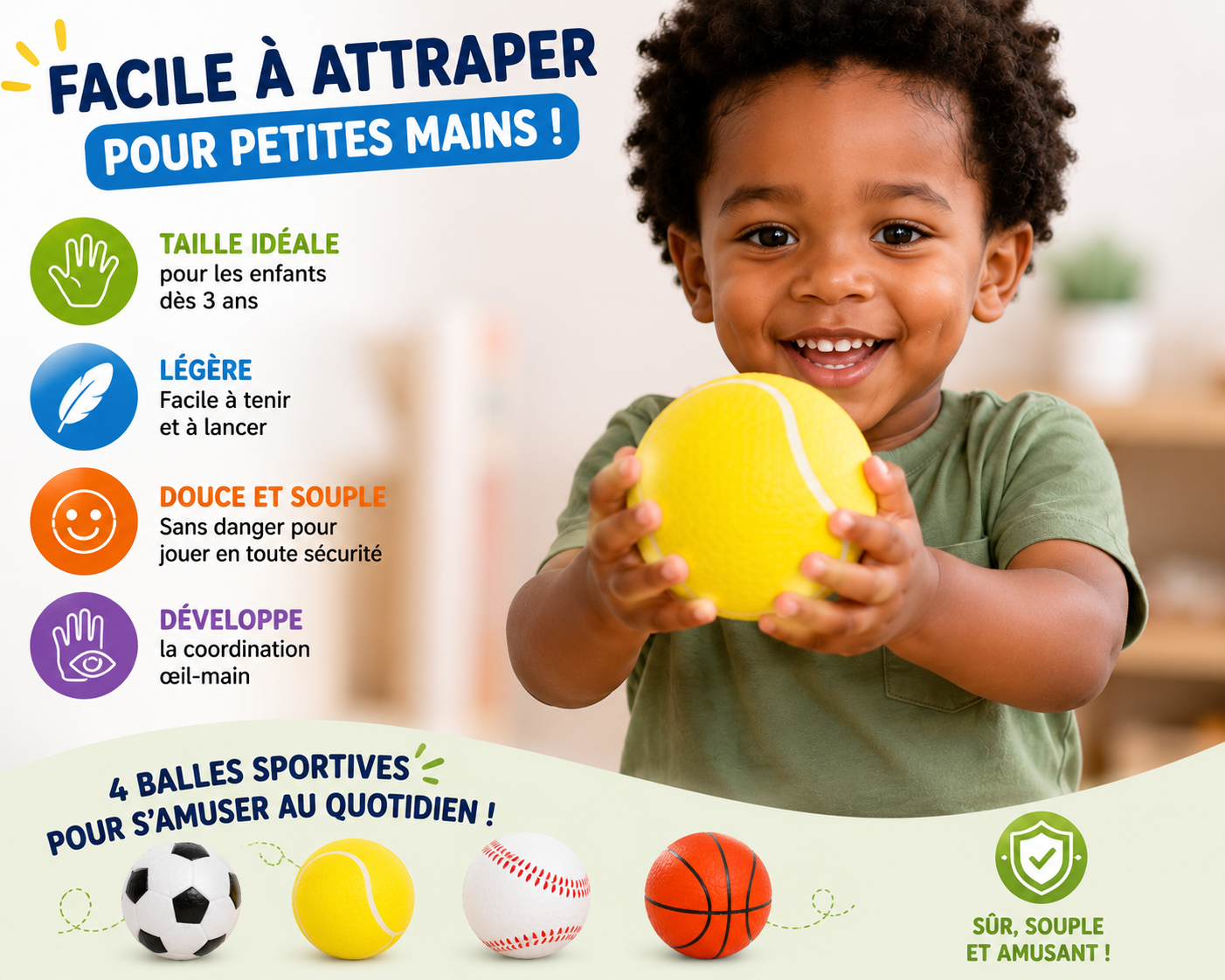 Lot de 4 Balles Souples Sportives pour Enfants – Football, Tennis, Baseball et Basketball