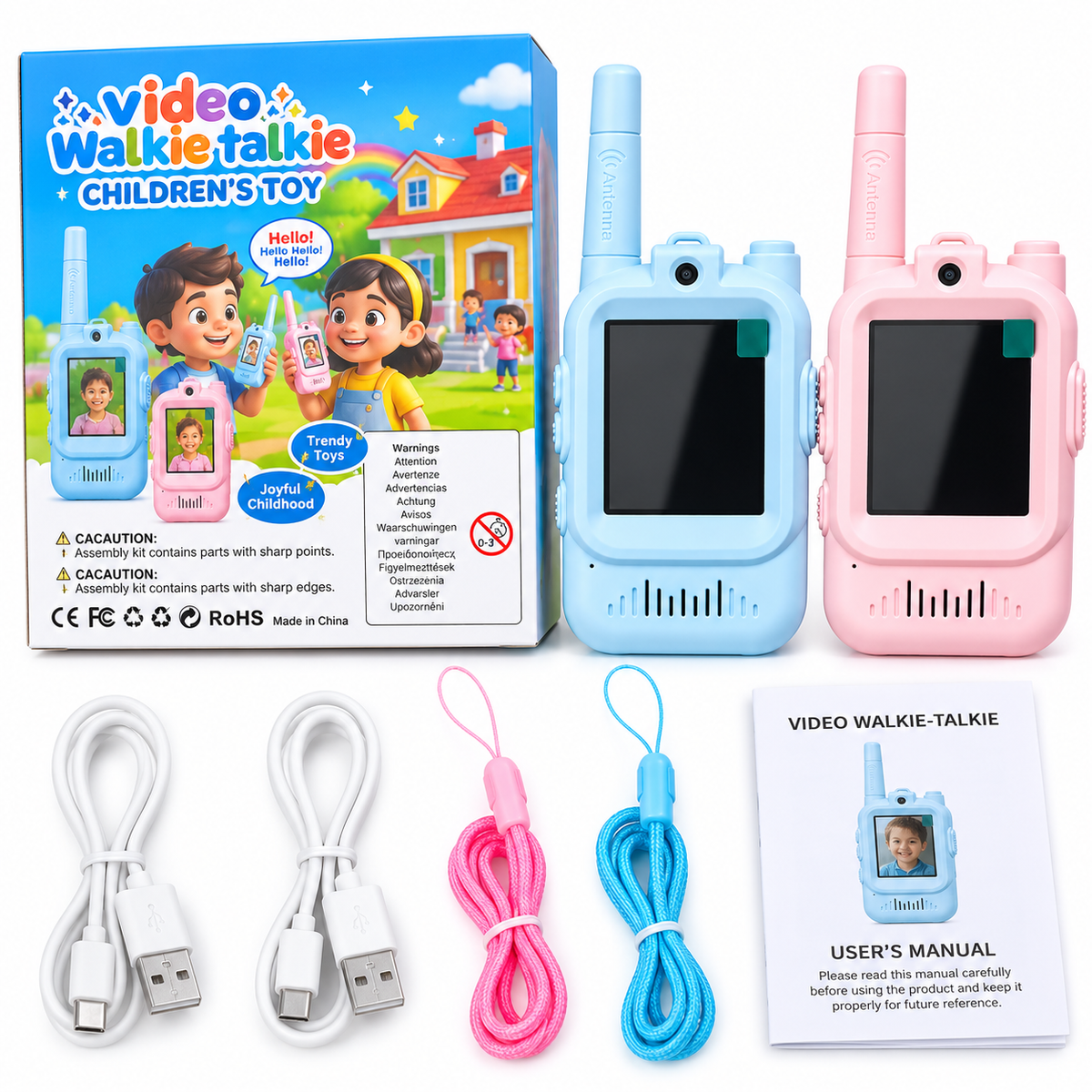 Talkie-Walkies Vidéo Enfant avec Écran 2", Caméra & Photos – Bleu + Rose – Lot de 2