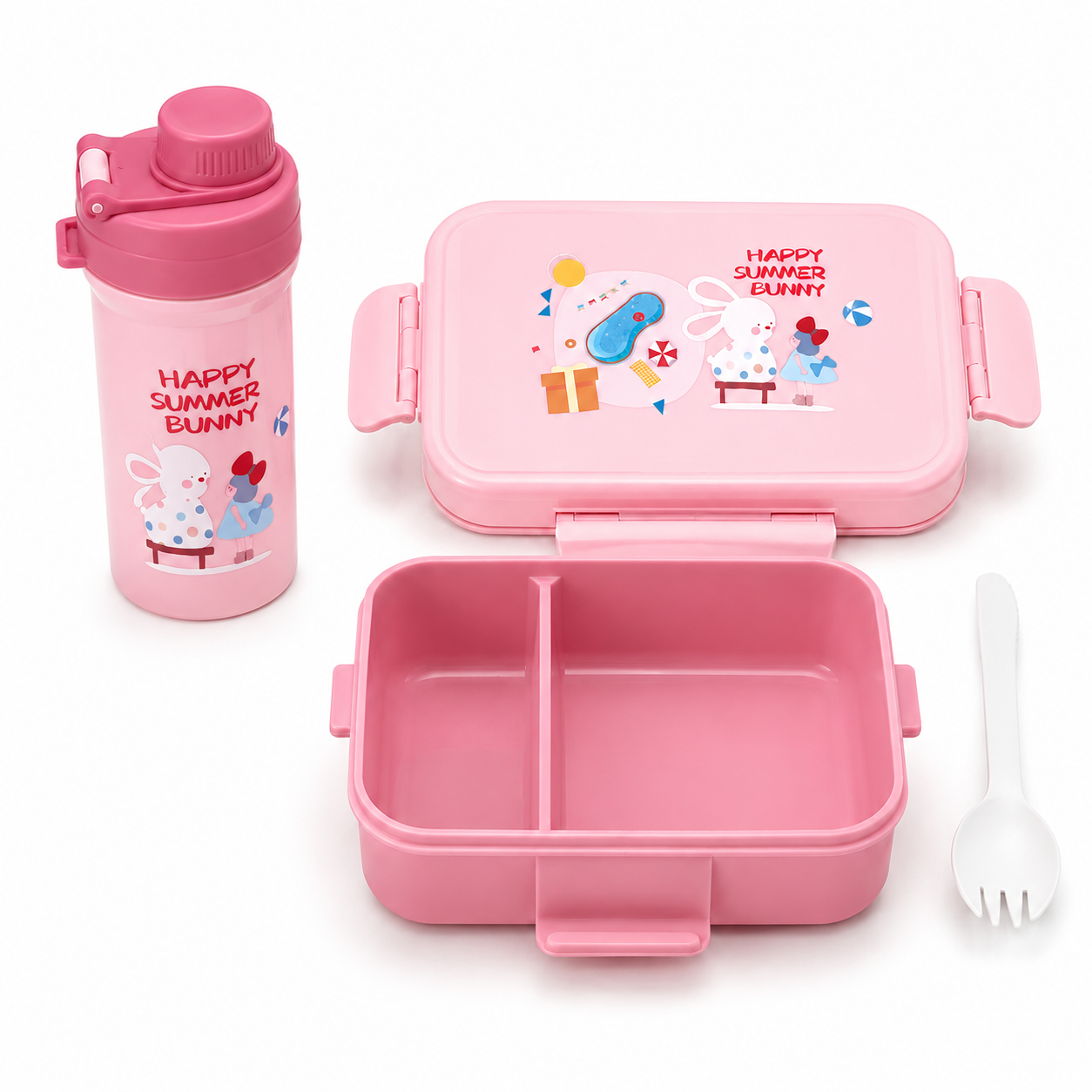 Set Repas Enfant Happy Summer Bunny – Lunch Box Compartimentée + Gourde Rose