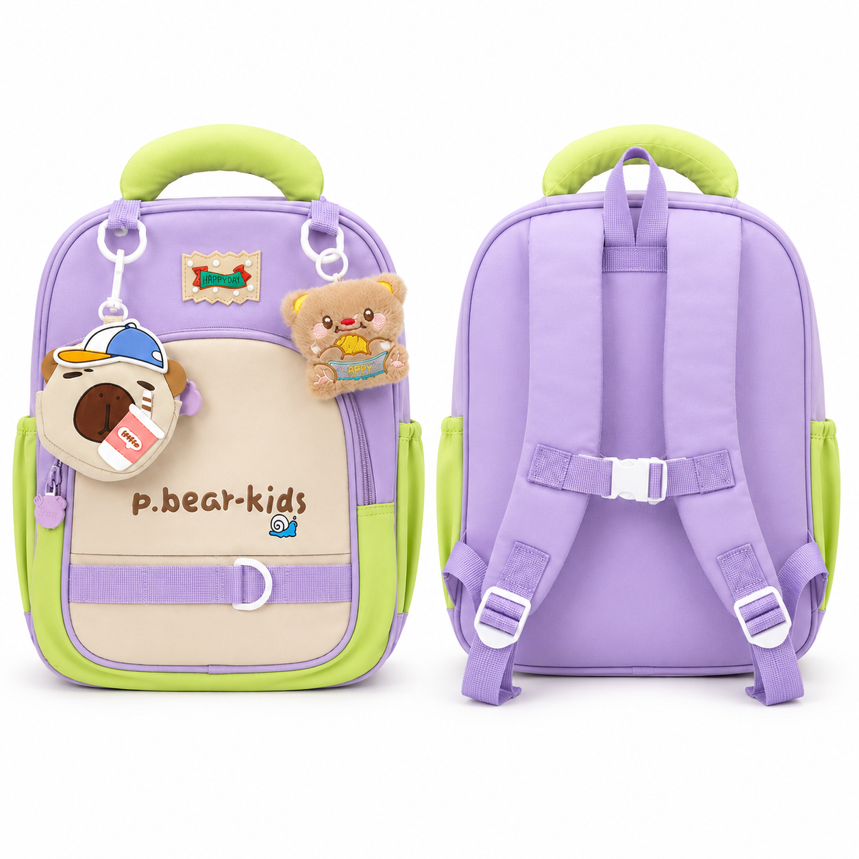 Sac à Dos Maternelle P.Bear Kids - Violet, Beige et Vert – 2 à 5 Ans
