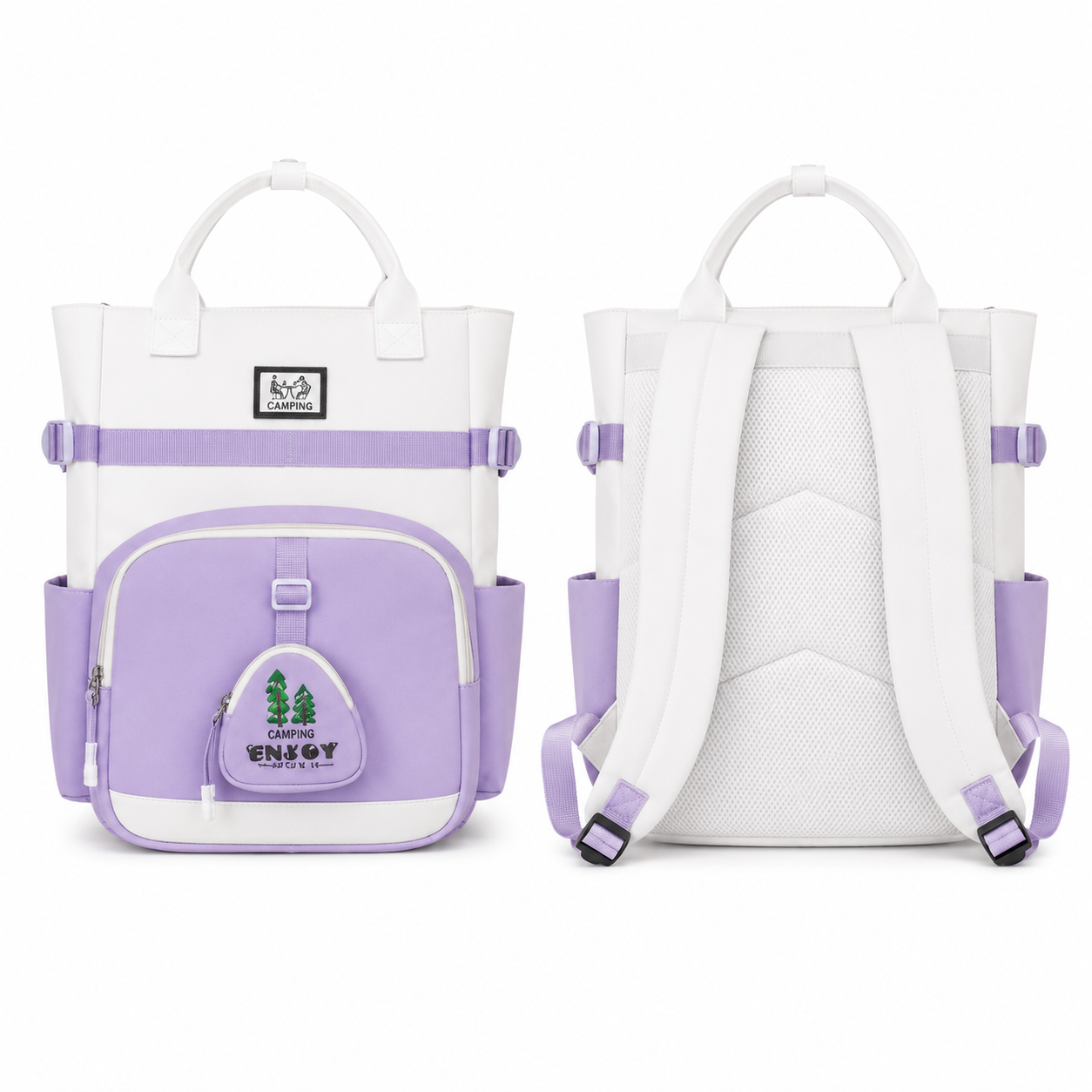 Sac à Dos Scolaire Fille Style Coréen en Toile - Mauve et Blanc – Collège et Lycée