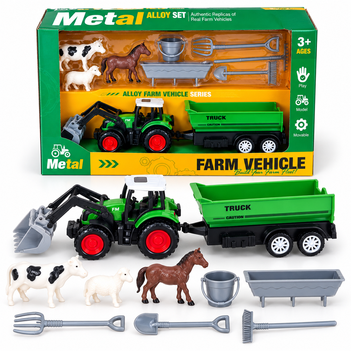 Set Ferme avec Tracteur Métal, Remorque, Animaux & Accessoires – 3 Ans+