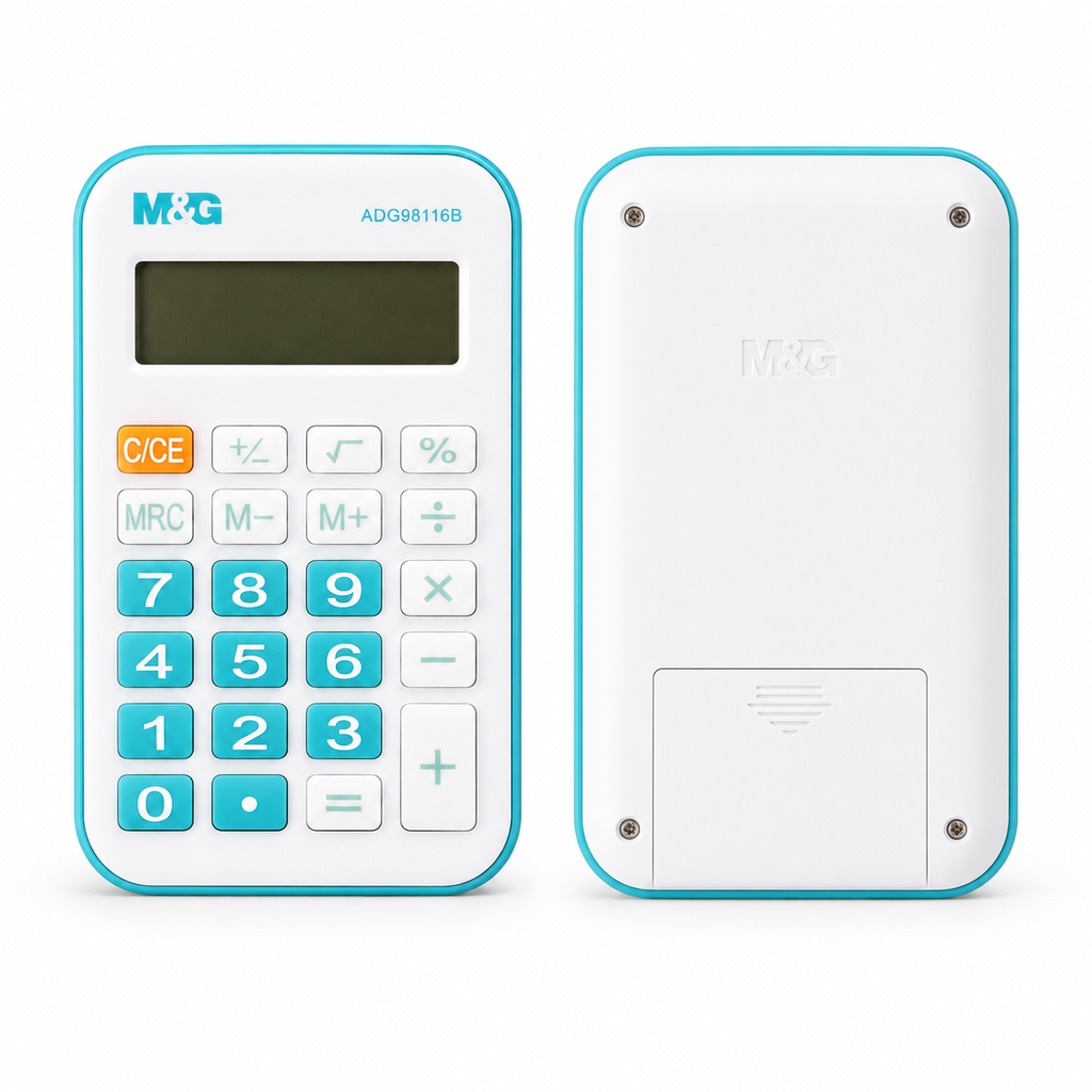 M&G Calculatrice de poche Blanche et Turquoise – Écran LCD et Touches Souples