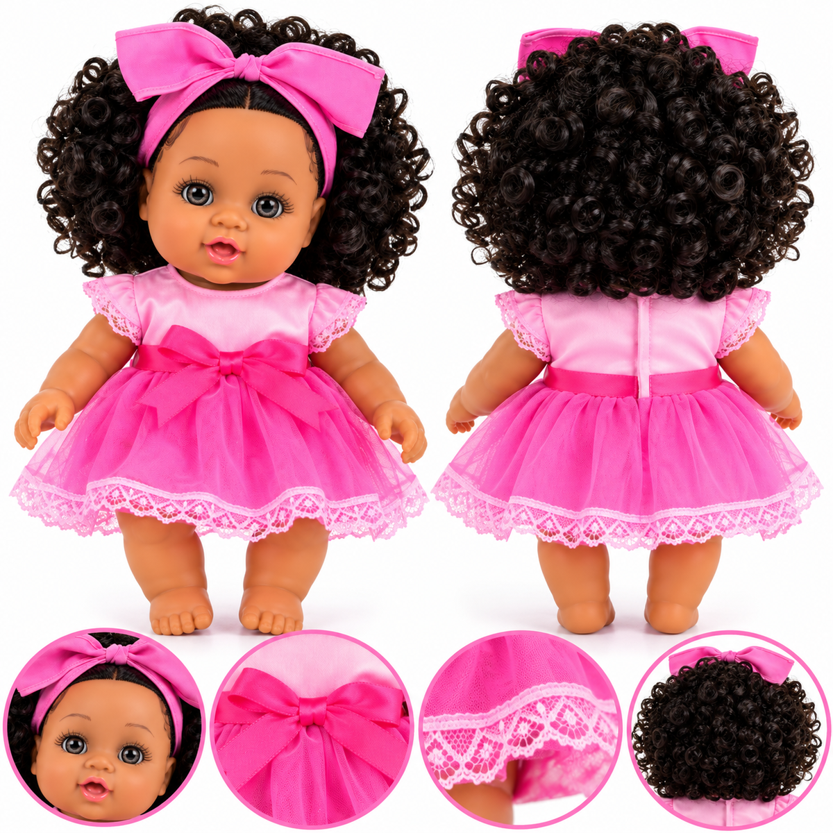 Poupée Bébé Fille Parlante 30 cm – Robe Rose & Grand Nœud