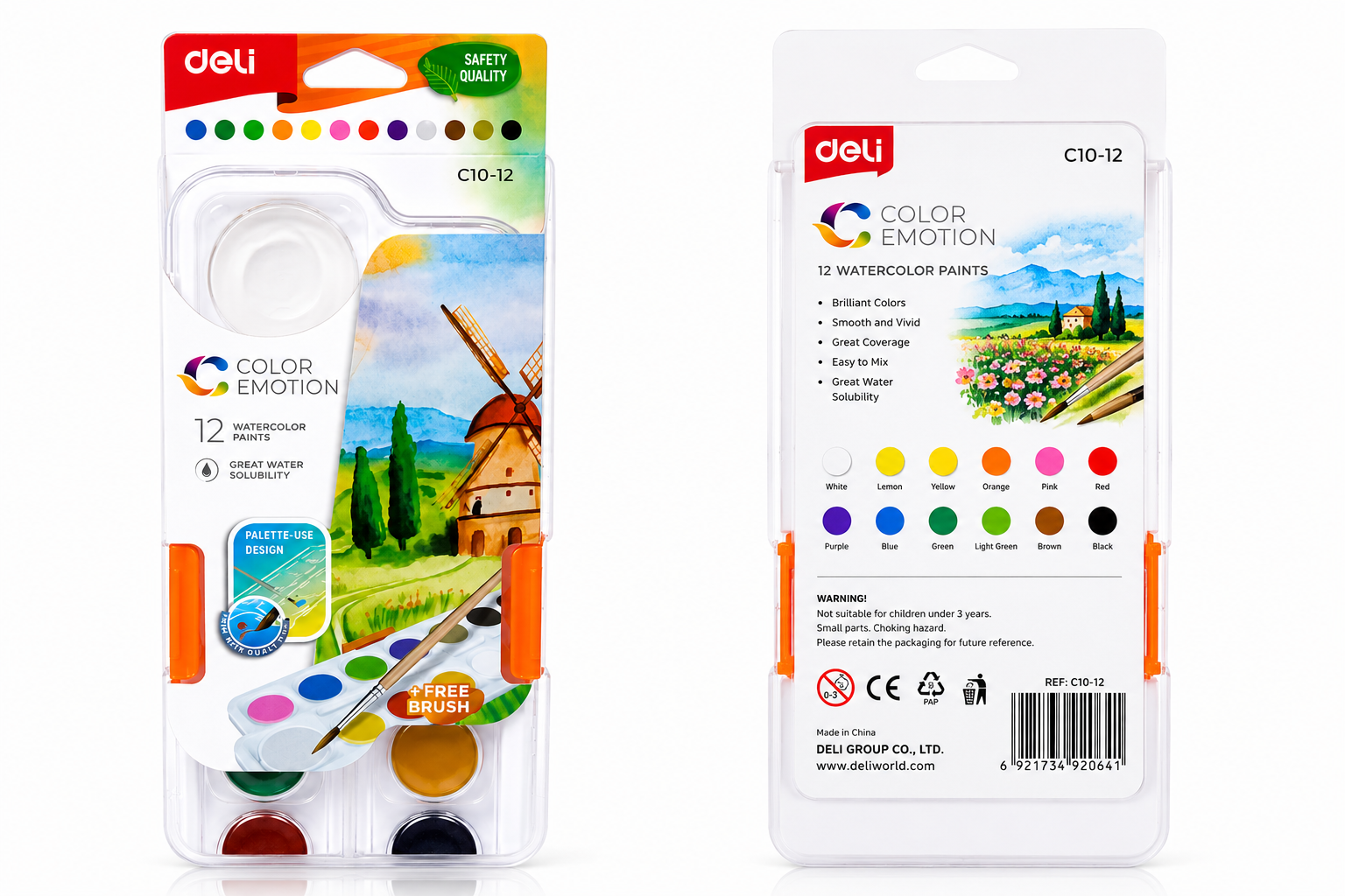 Deli Color Emotion C10-12 Peinture Aquarelle  12 Couleurs – Palette avec Pinceau