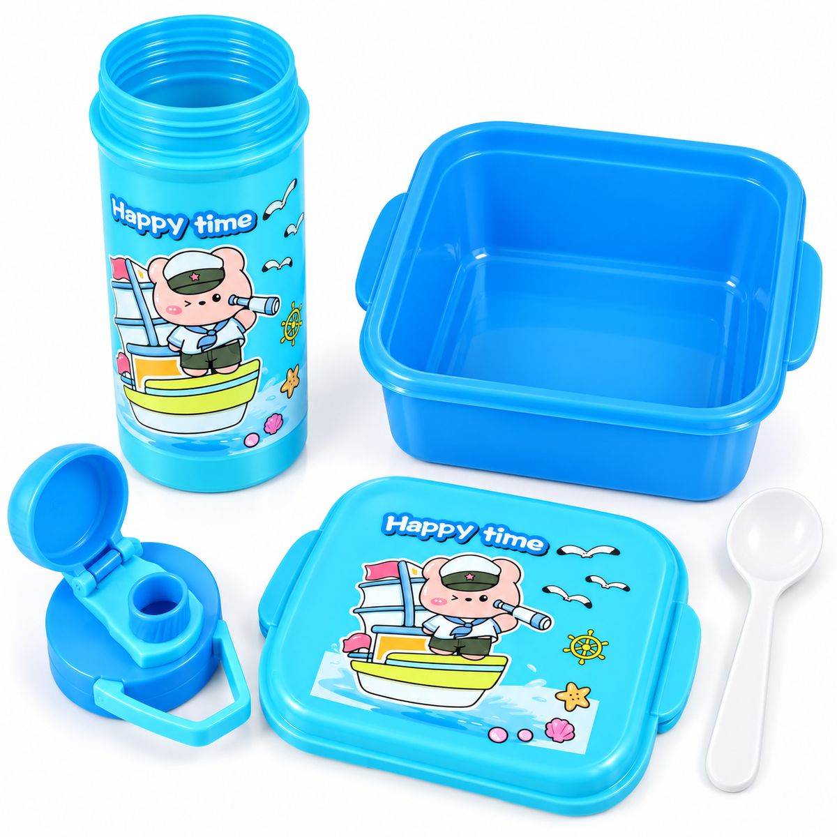 Set Lunch Box + Gourde Enfant Bleu Happy Time – Gourde 500 ml – 14 cm