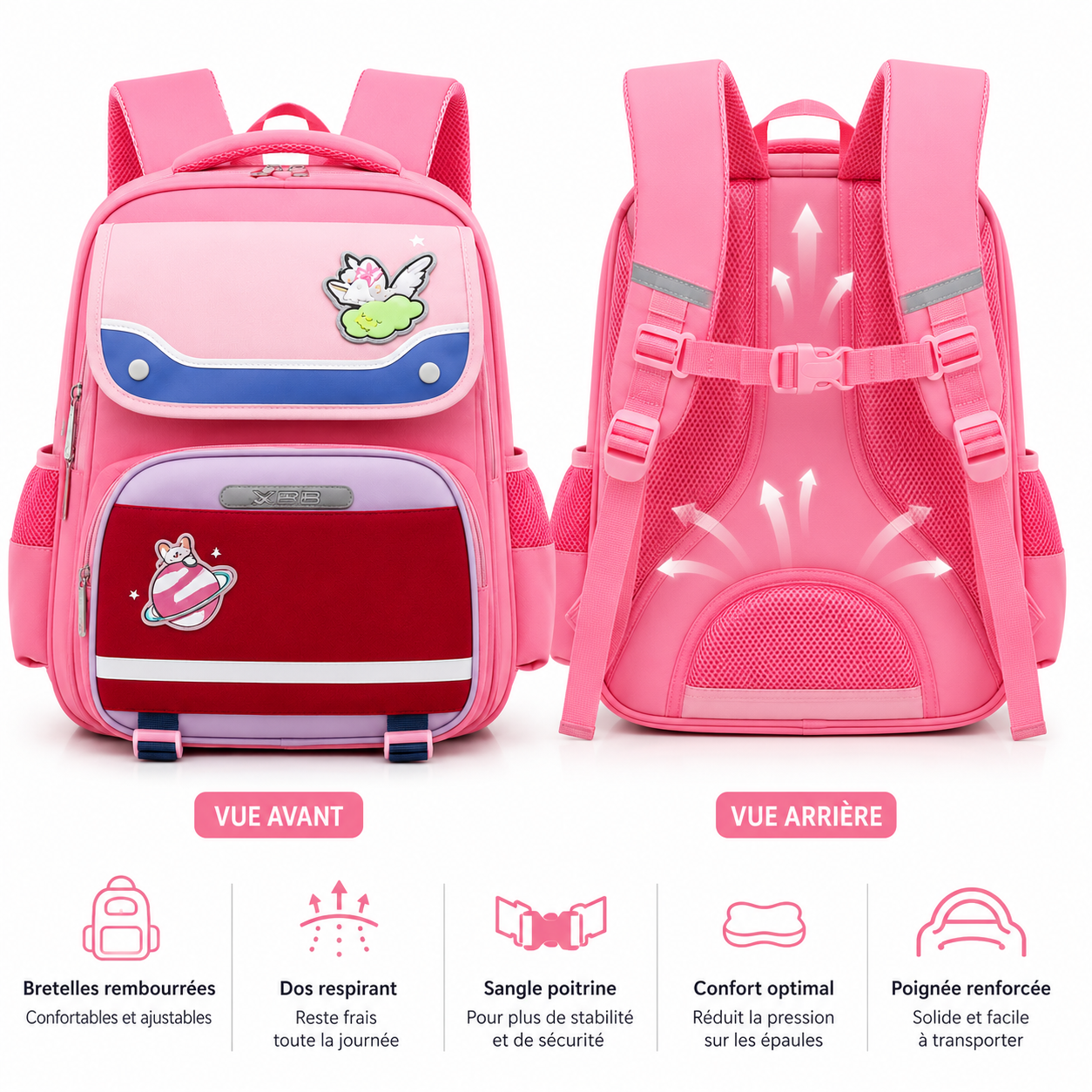 Sac à Dos Scolaire Fille Nuage & Planète - Rose - Classes de CM – Grande Capacité – Dos Respirant – Bretelles Rembourrées