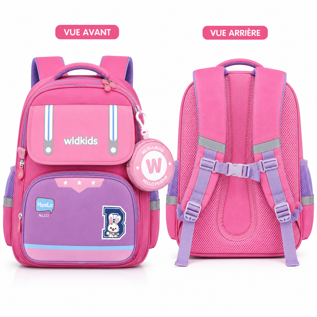 Sac à Dos Scolaire Enfant Wldkids Rose – Classes de CE & CM – Avec Trousse Ronde Amovible