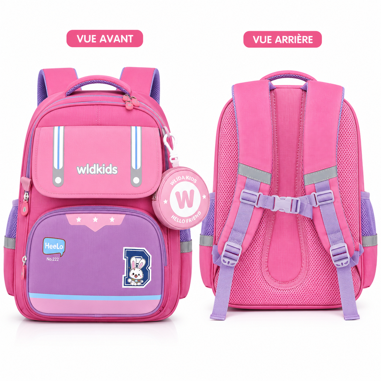 Sac à Dos Scolaire Enfant Wldkids Rose – Classes de CE & CM – Avec Trousse Ronde Amovible