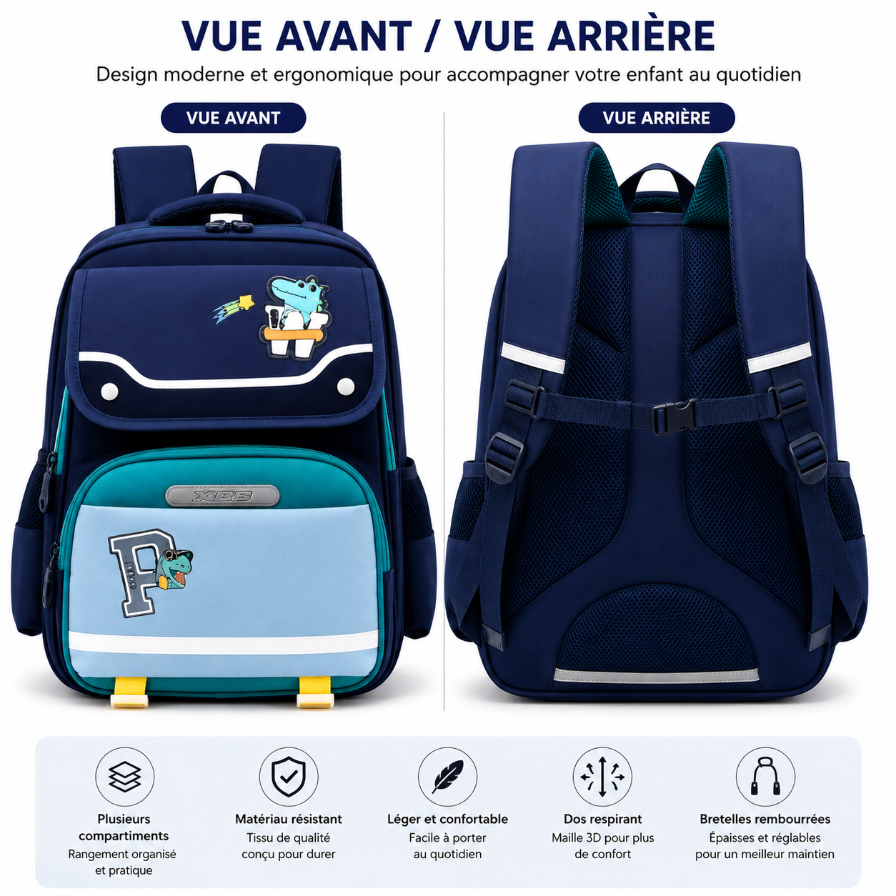 Sac à Dos Scolaire Enfant Dinosaure Bleu Classes de CM – Grande Capacité – Dos Respirant – Bretelles Rembourrées – Kidoo