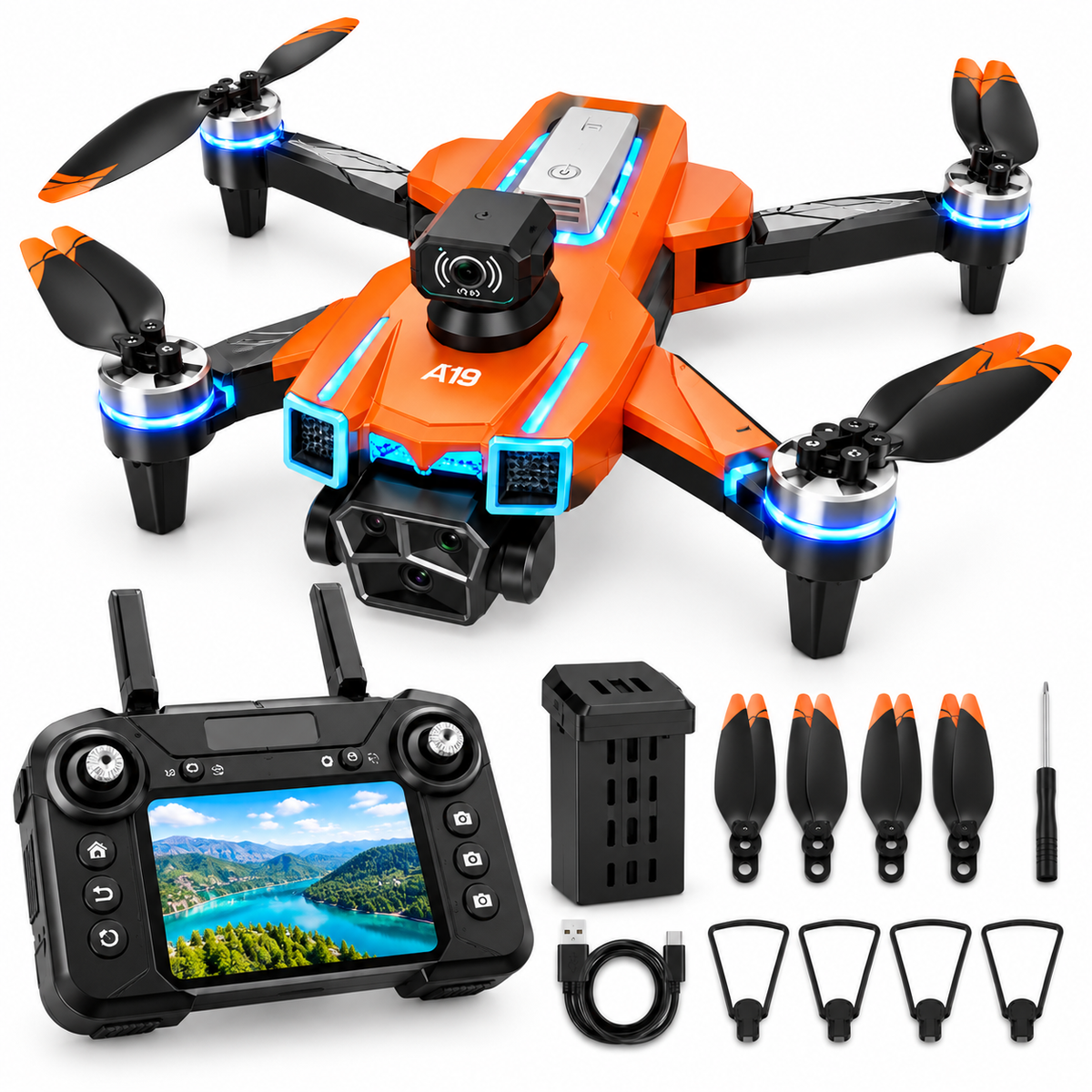 Drone A19 Pro Pliable – Caméra HD – Évitement d’Obstacles – Télécommande avec Écran