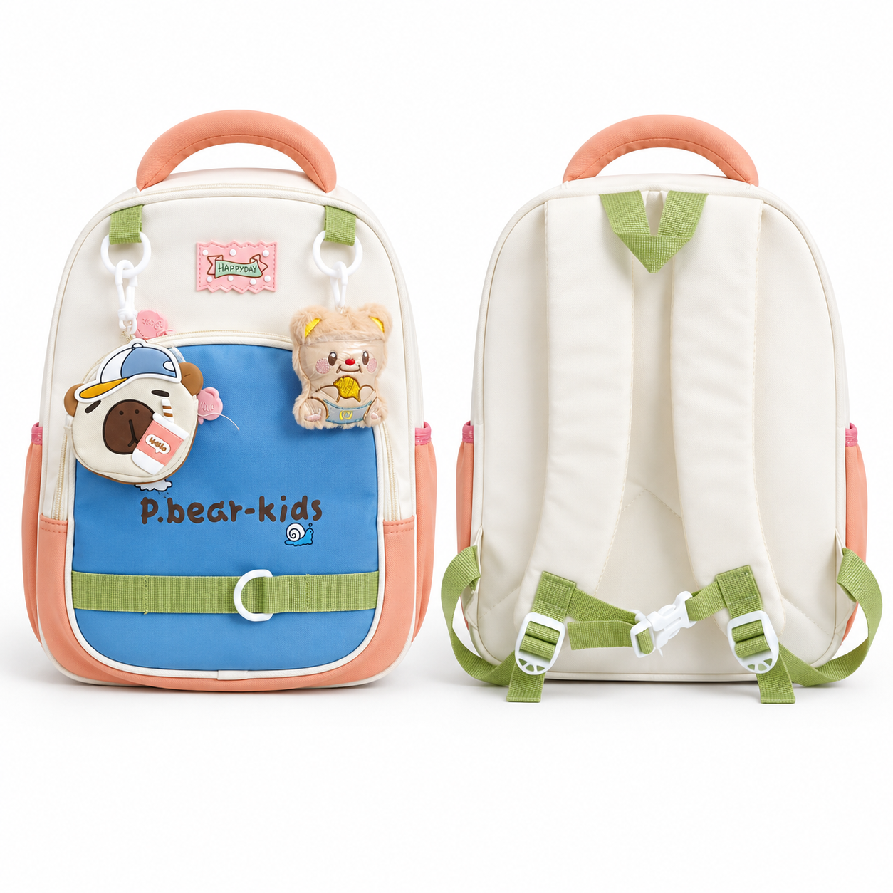 Sac à Dos Maternelle & CP P.Bear Kids Bleu, Rose & Vert – 38 × 28 × 15 cm – 2 à 5 Ans