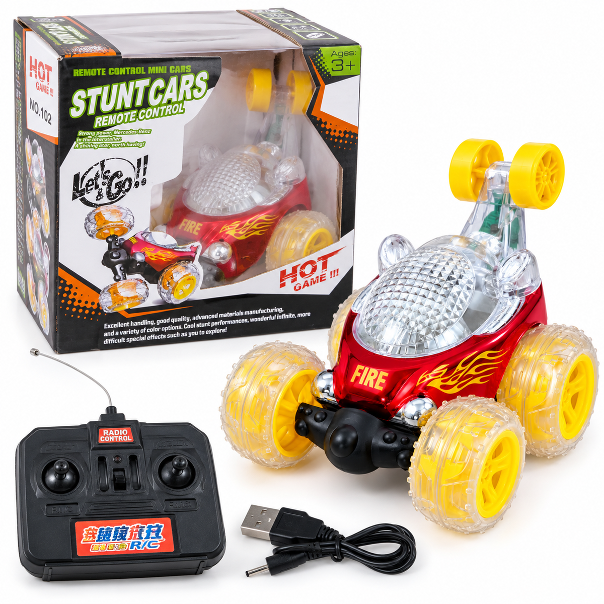 Voiture Acrobatique Télécommandée Stunt Cars No.102 – Rotation 360° – Lumières & Musique – Rechargeable