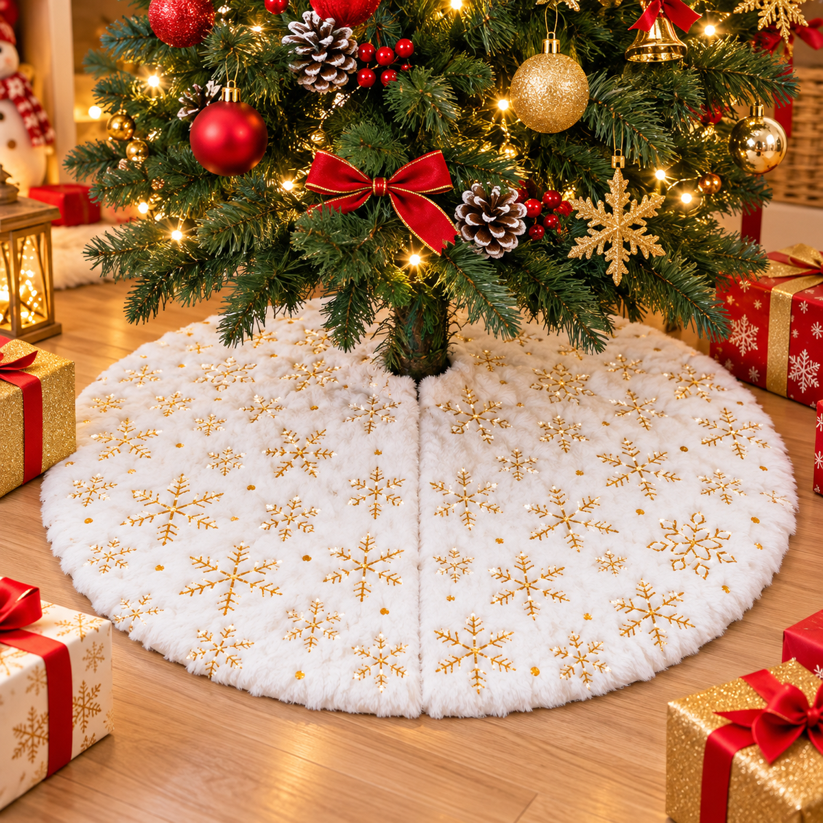 Jupe de Sapin de Noël Blanche 60 cm – Effet Fourrure & Flocons Dorés