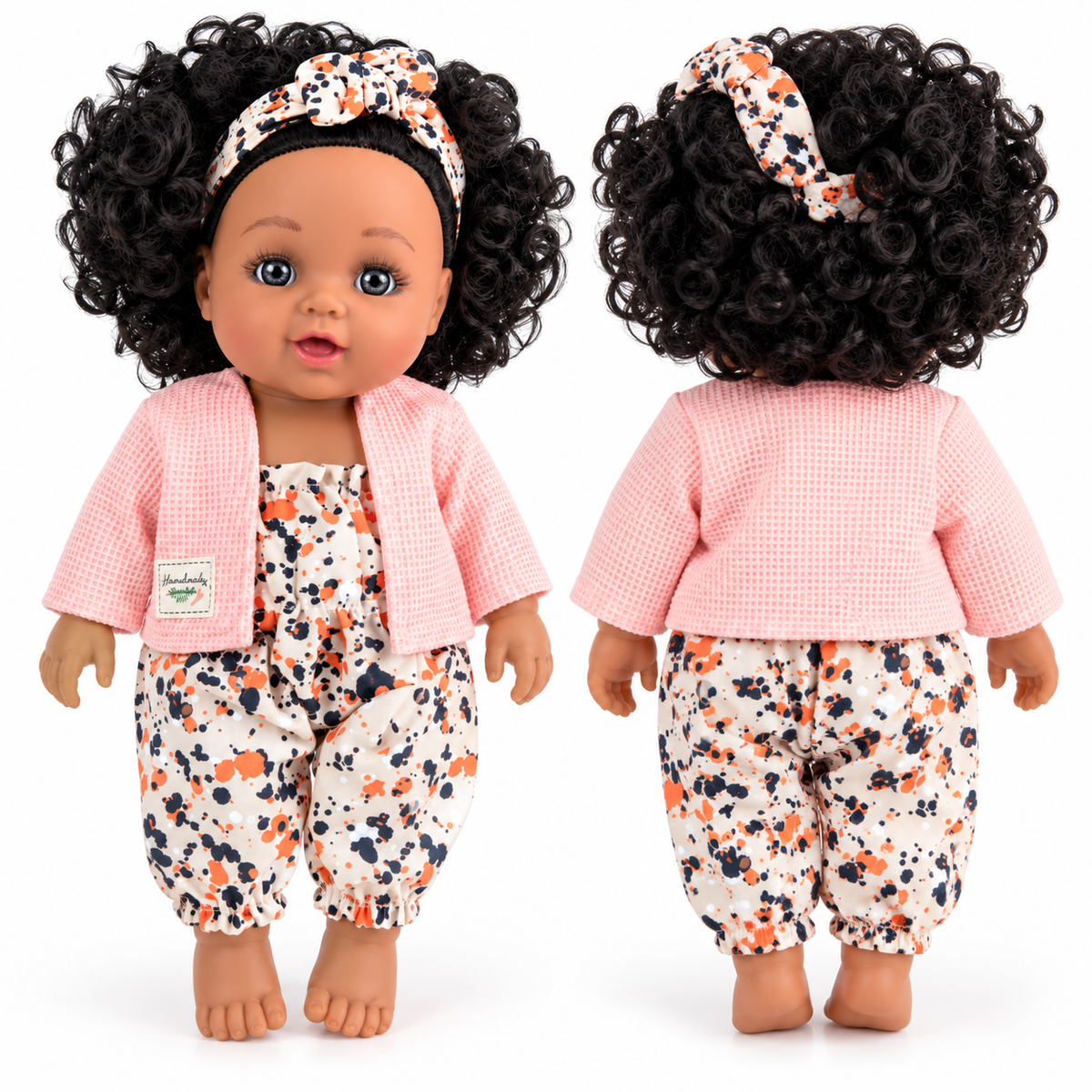 Poupée Bébé Fille Parlante 30 cm – Tenue Imprimée & Gilet Rose