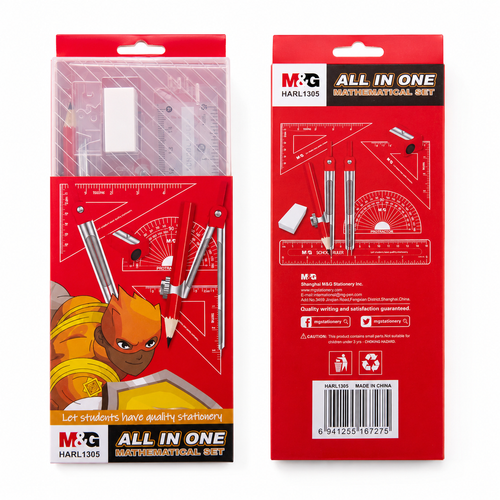 Coffret de géométrie M&G HARL1305 – Compas, règles et accessoires