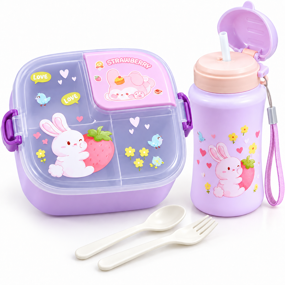 Set Lunch Box Compartimentée + Gourde 500 ml – Lapin Fraise Lilas
