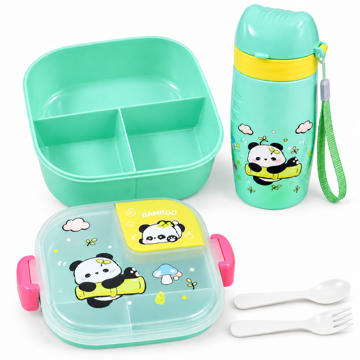 Set Lunch Box Compartimentée Panda Vert Menthe + Gourde 500 ml