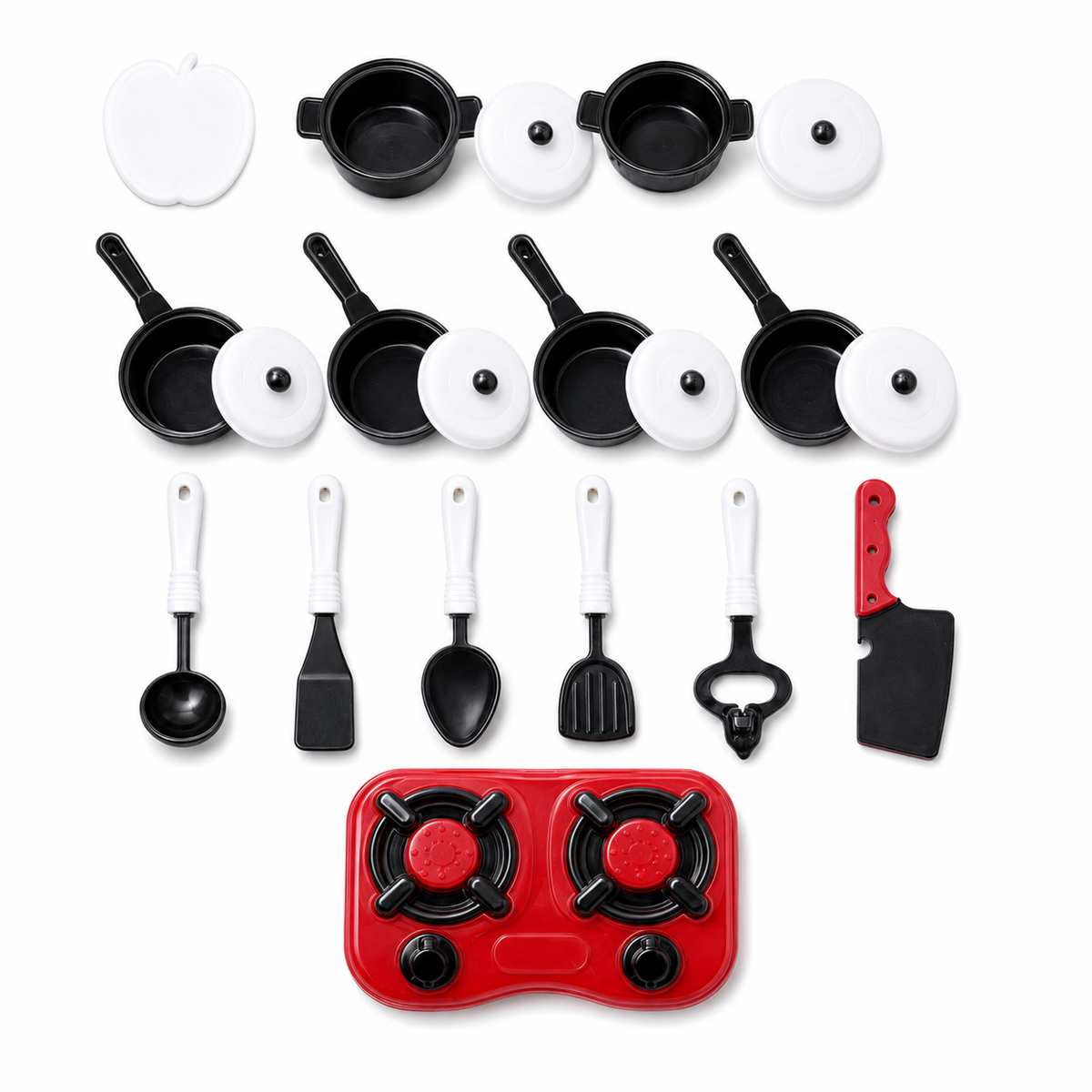 Kit de cuisine enfant modèle 266 avec réchaud rouge, casseroles noires et ustensiles