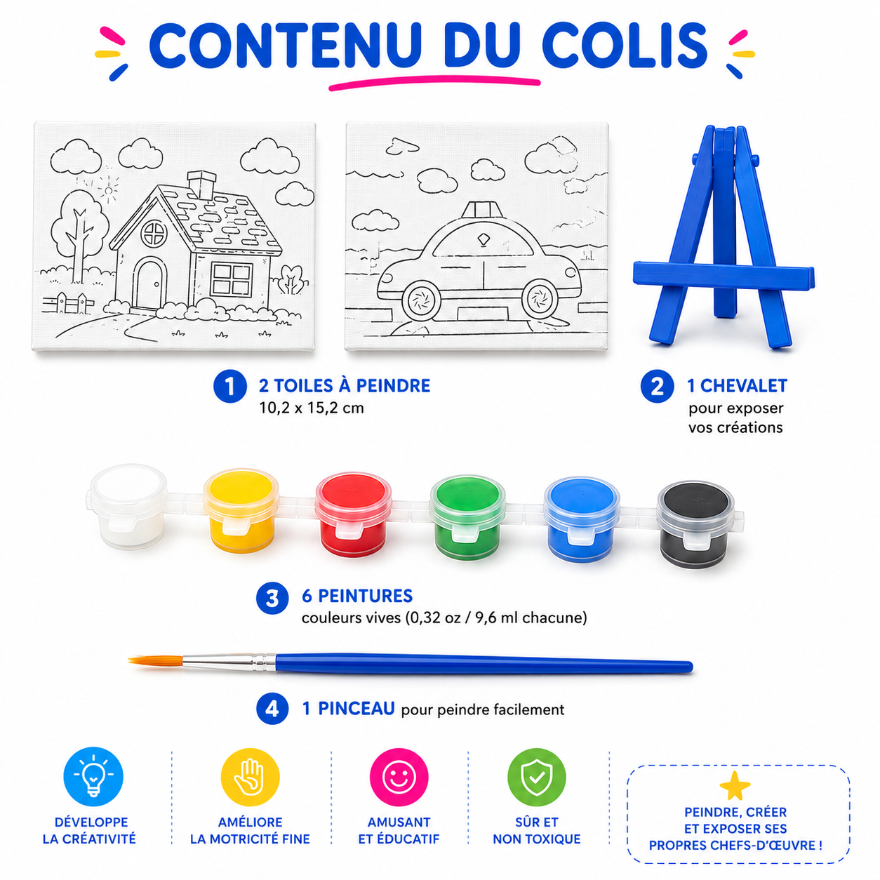 Motarro Kit Créatif Cadres à Peindre – 2 Tableaux avec Chevalets, 6 Peintures & Pinceau