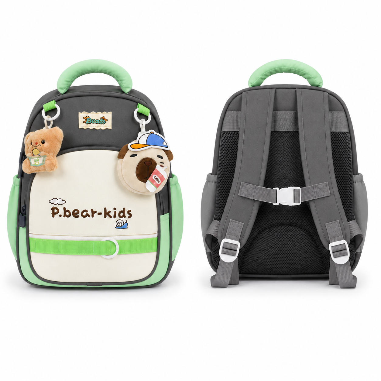Sac à Dos Maternelle P.Bear Kids Gris, Beige et Vert – Enfant 2 à 5 Ans