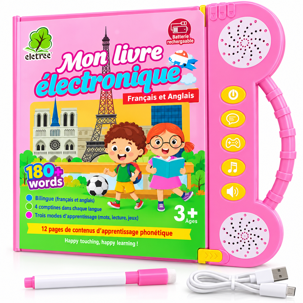Livre Éducatif Électronique Bilingue Français–Anglais – 180+ Mots – Rose – Dès 3 Ans - Rechargeable