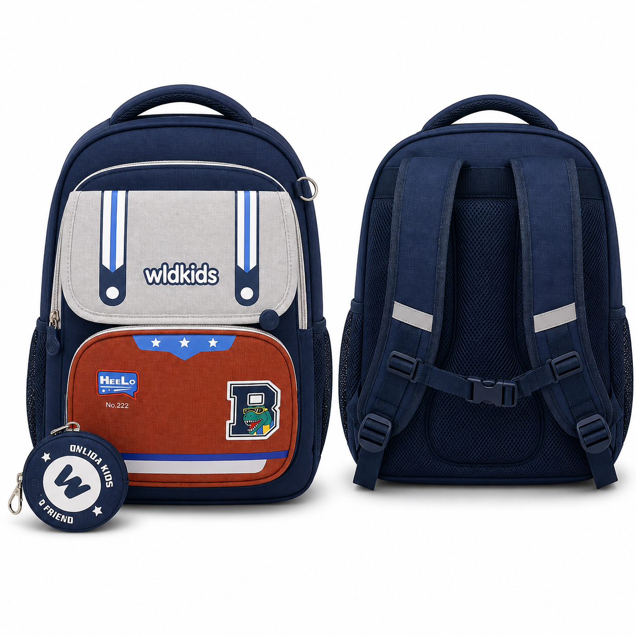 Sac à Dos Scolaire Wldkids - Classes de CE1 & CE2 – Bleu & Gris – Grande Capacité avec Trousse Ronde Amovible