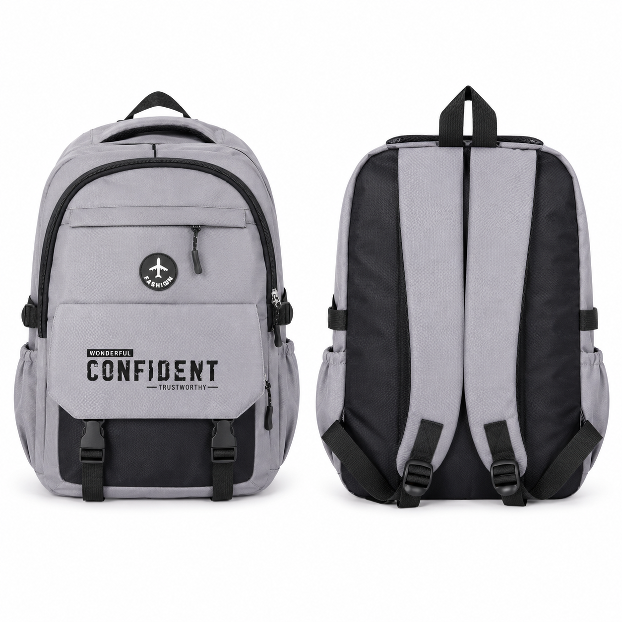 Sac à Dos Scolaire Confident Collège & Lycée - Grande Capacité 48 × 34 × 16 cm – Gris