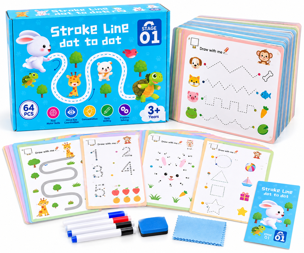 Coffret Éducatif Stroke Line Dot-to-Dot – 64 Activités de Tracé dès 3 Ans