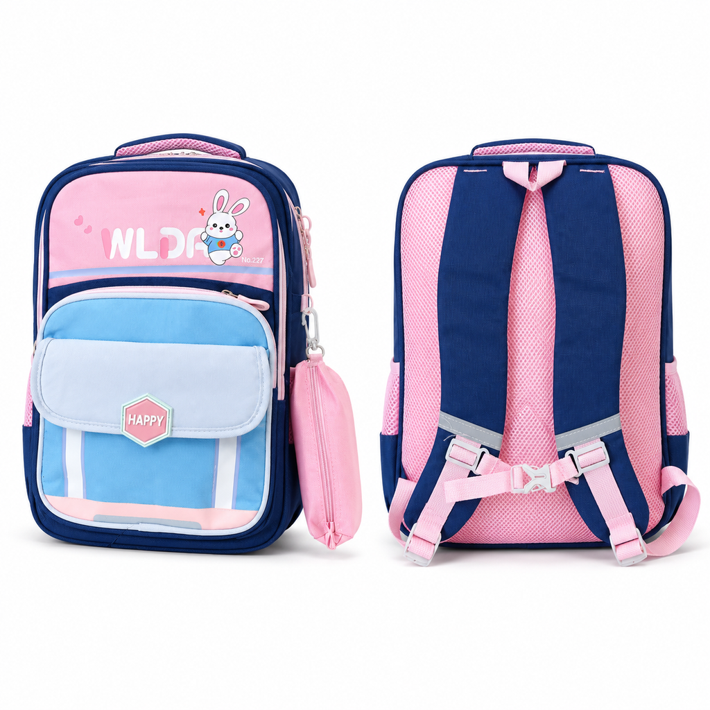 Sac à Dos Scolaire Enfant Lapin WLDA – Classes de CE & CM - Grande Capacité 41 × 30 × 16 cm – Bleu, Rose & Gris