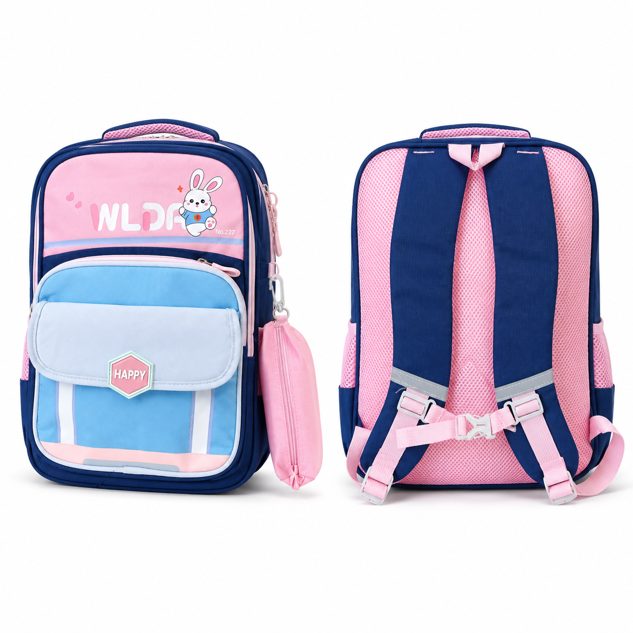 Sac à Dos Scolaire Enfant Lapin WLDA – Classes de CE & CM - Grande Capacité 41 × 30 × 16 cm – Bleu, Rose & Gris