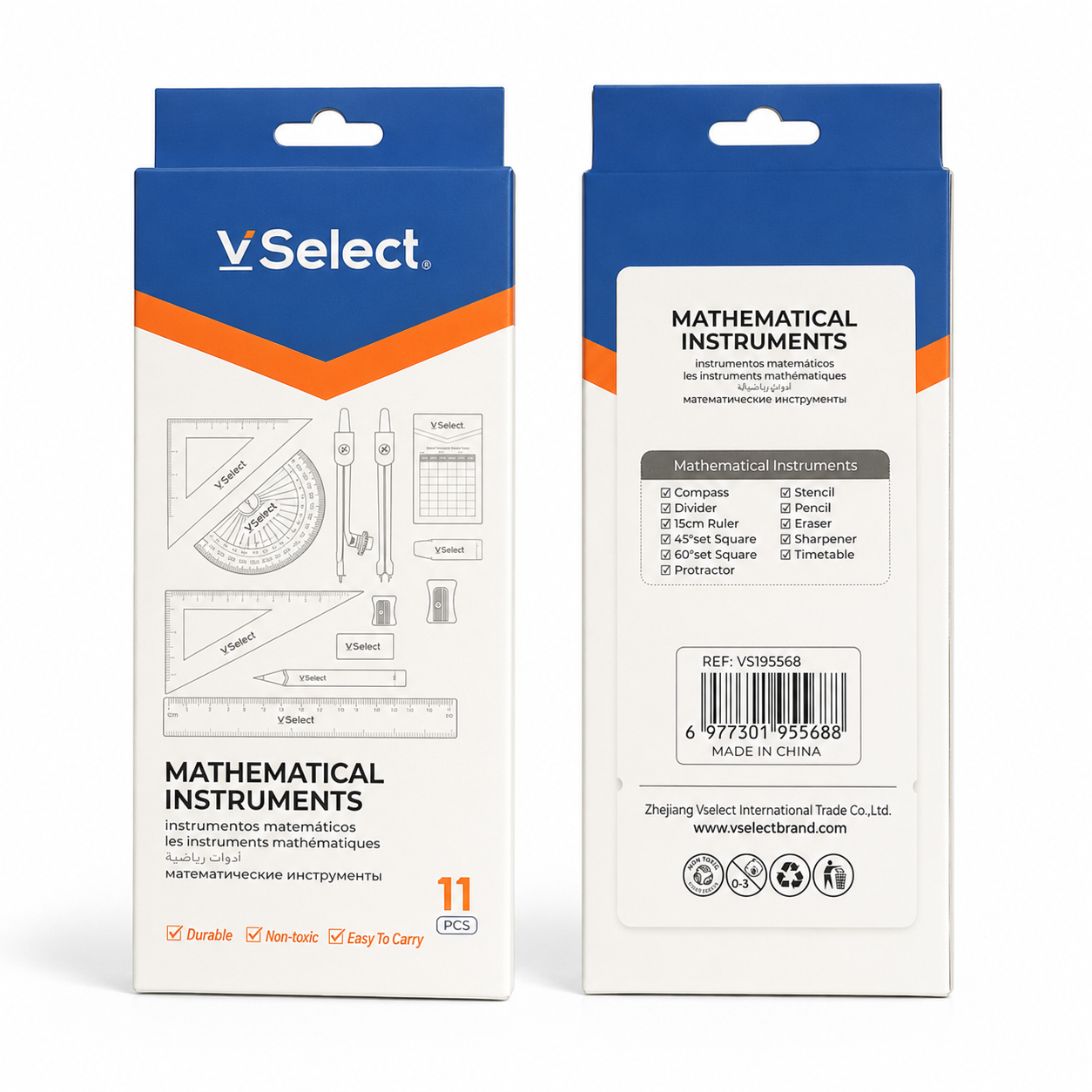 Coffret de géométrie VSelect 11 pièces – Boîte métallique complète