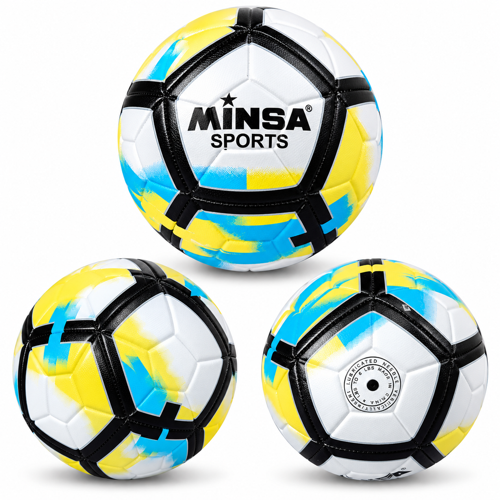 Ballon de Football Junior 6-9 ans MINSA SPORTS – 18 cm – Blanc, Noir, Jaune & Bleu