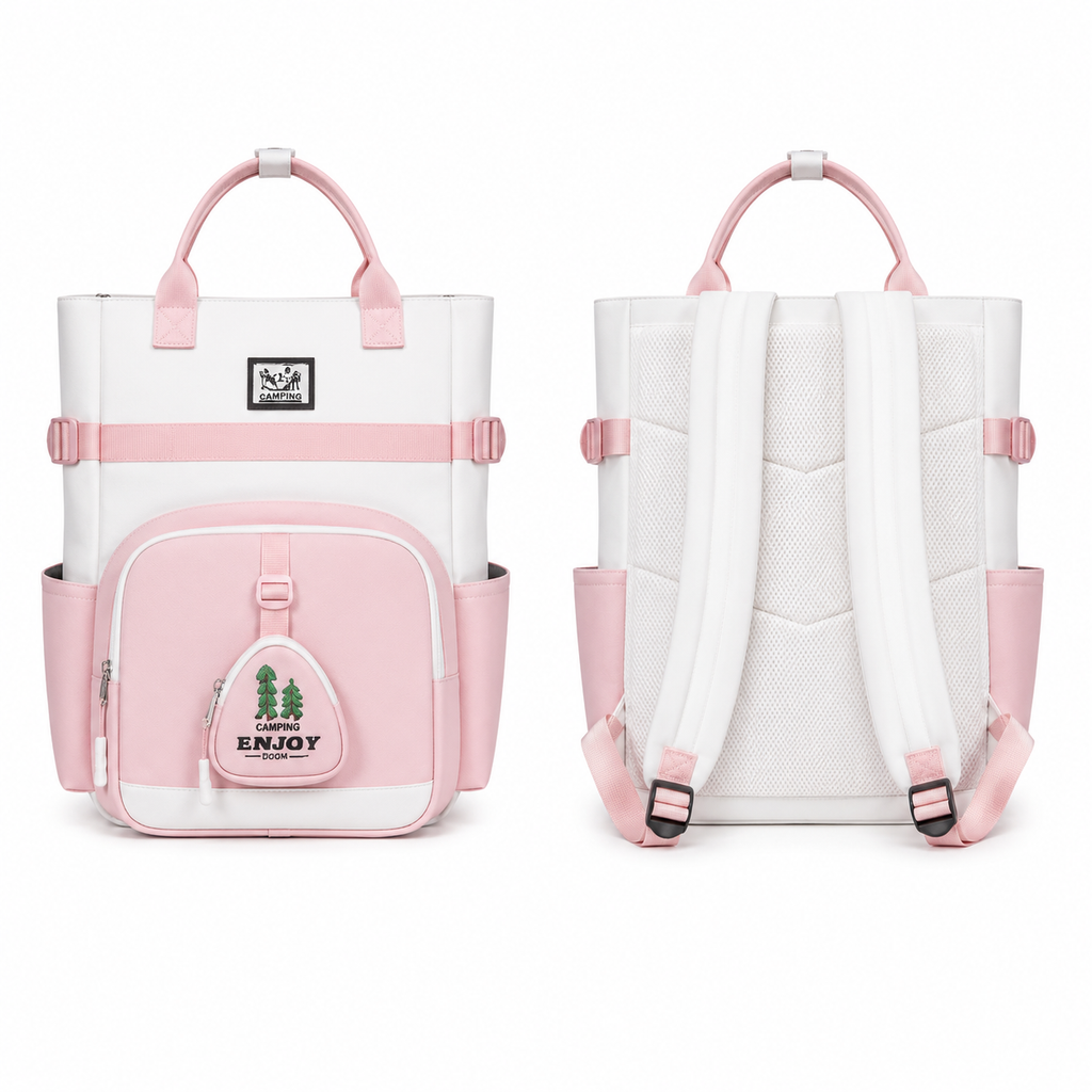 Sac à Dos Scolaire Fille Style Coréen en Toile - Rose et Blanc- Collège & Lycées