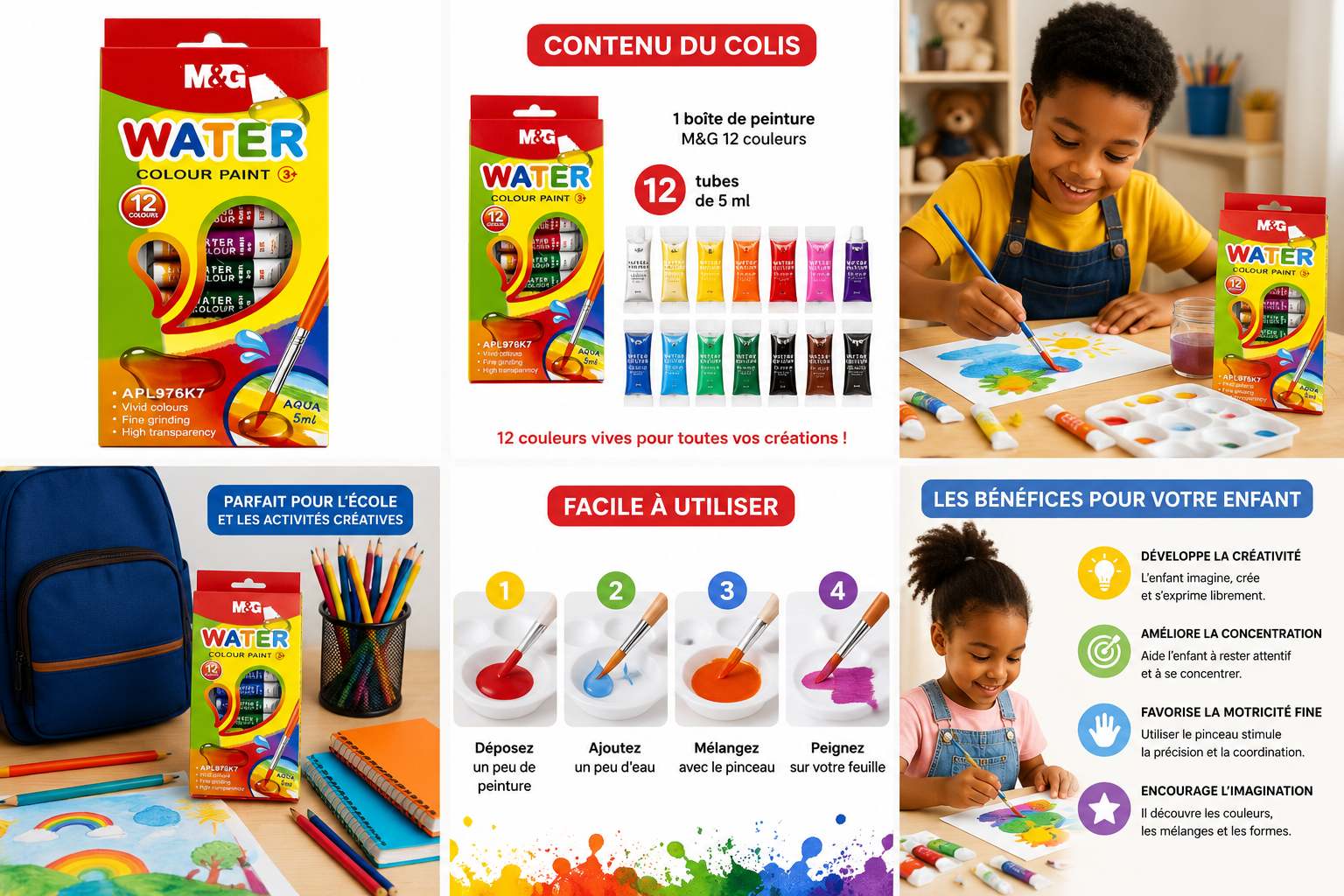 Peinture Aquarelle M&G 12 Couleurs en Tubes 5 ml – Kit Créatif Enfant
