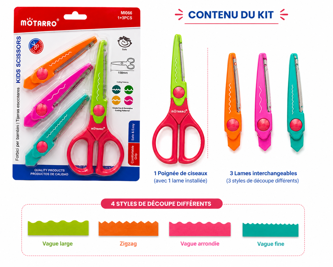 MOTARRO Ciseaux Créatifs Enfant  4 en 1 – Kit de Découpe Scolaire avec 3 Lames Fantaisie