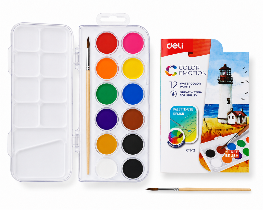 Deli Color Emotion Peinture Aquarelle  12 Couleurs avec Pinceau – Palette Créative Enfant